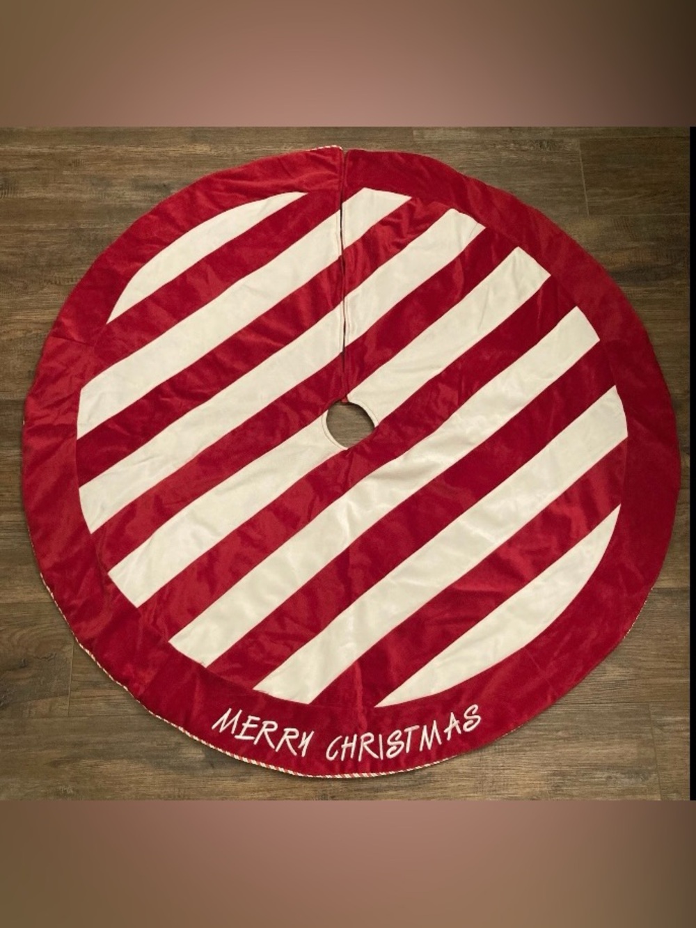Velvet Christmas Tree Skirt Red/White Striped Merry Christmas Embroidered